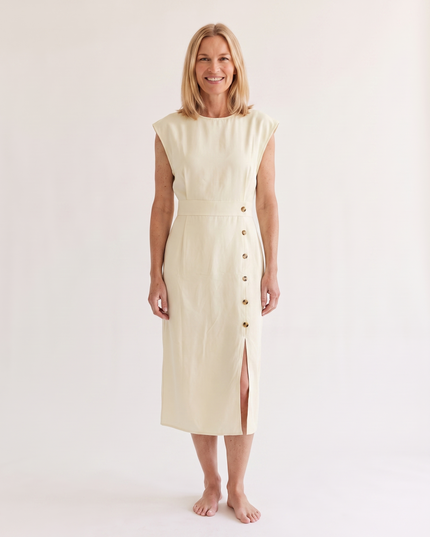 Woman wearing elegant midi office dress
