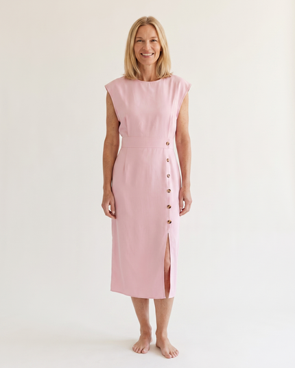 Woman wearing elegant midi office dress