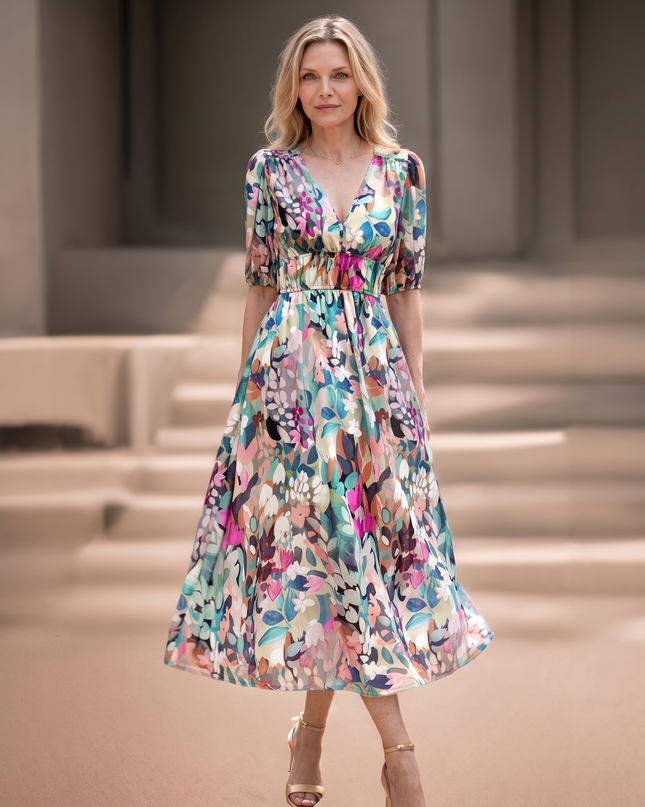 Woman wearing romantic floral midi dress