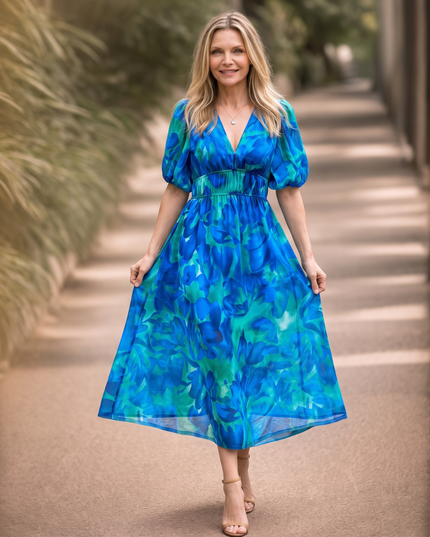 Woman wearing romantic floral midi dress