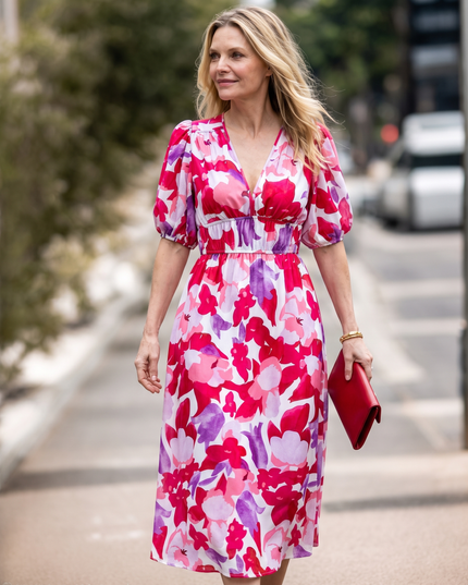Woman wearing romantic floral midi dress