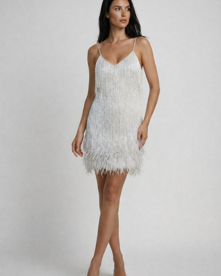 Woman wearing sequin feather mini dress