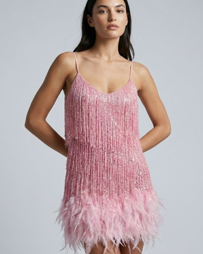 Woman wearing sequin feather mini dress