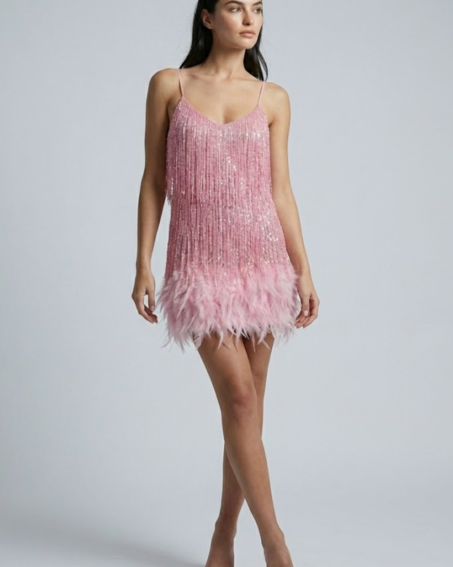 Woman wearing sequin feather mini dress