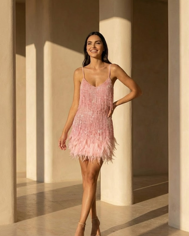 Woman wearing sequin feather mini dress