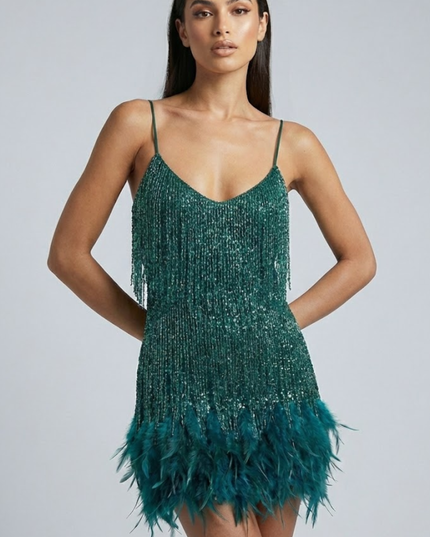 Woman wearing sequin feather mini dress
