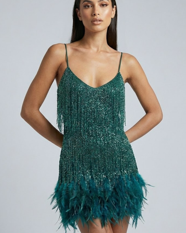 Woman wearing sequin feather mini dress