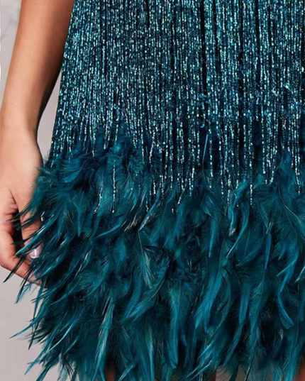 Woman wearing sequin feather mini dress