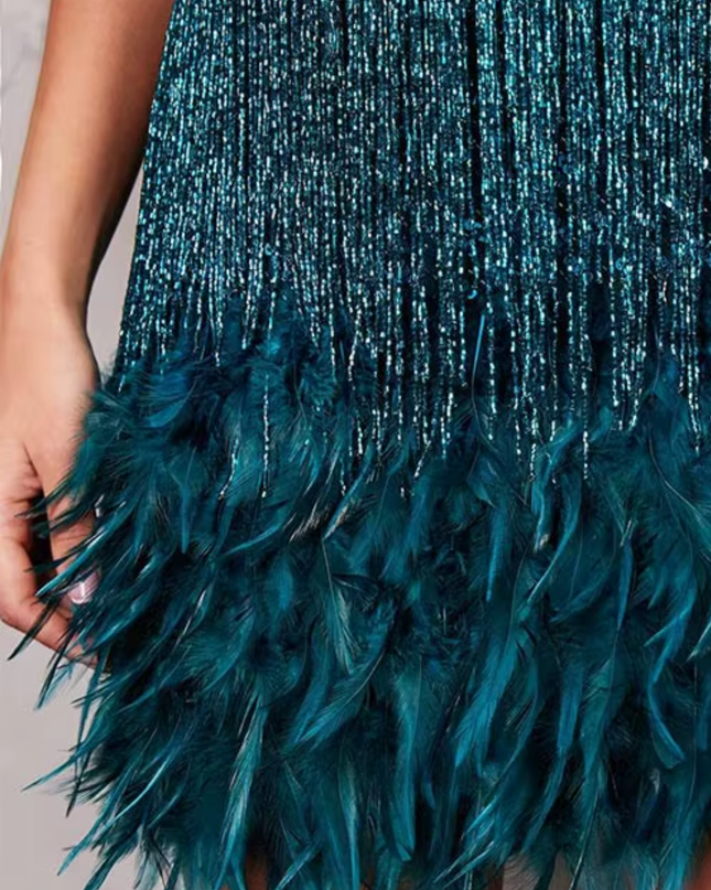 Woman wearing sequin feather mini dress