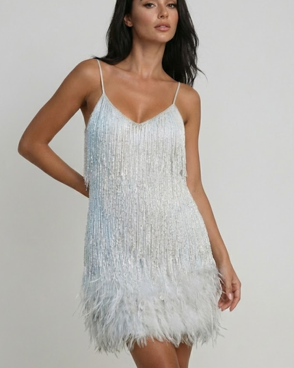 Woman wearing sequin feather mini dress