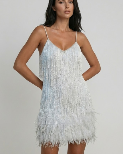 Woman wearing sequin feather mini dress