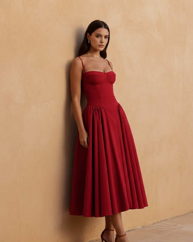 Woman wearing sage green midi dress