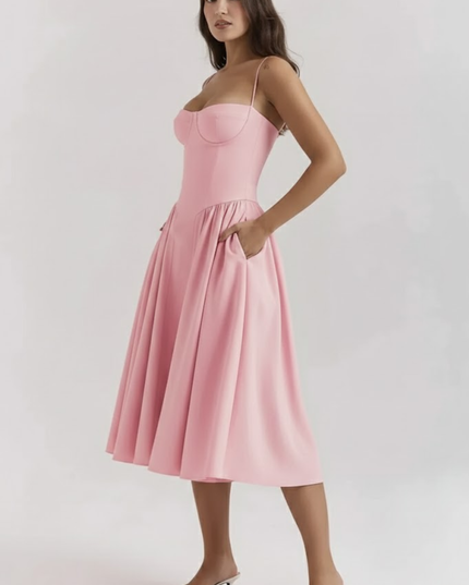 Woman wearing sage green midi dress