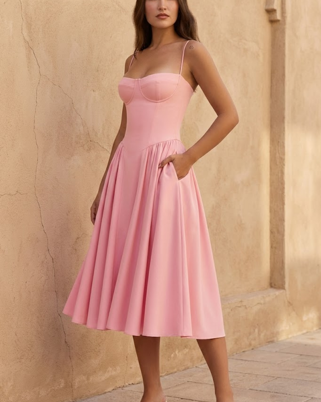 Woman wearing sage green midi dress