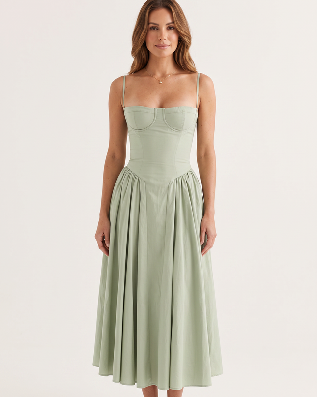 Woman wearing sage green midi dress