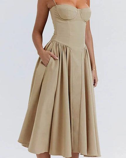 Woman wearing sage green midi dress