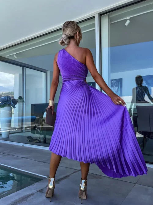 Amara Delacroix | Elegant One-Shoulder Pleated Midi Dress