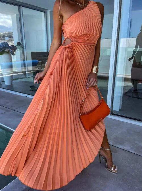 Amara Delacroix | Elegant One-Shoulder Pleated Midi Dress