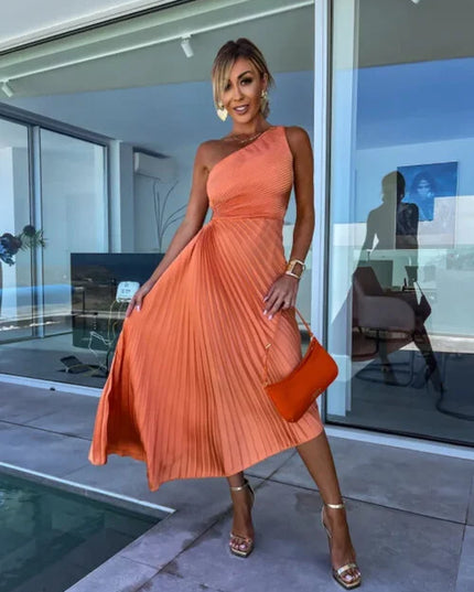 Amara Delacroix | Elegant One-Shoulder Pleated Midi Dress