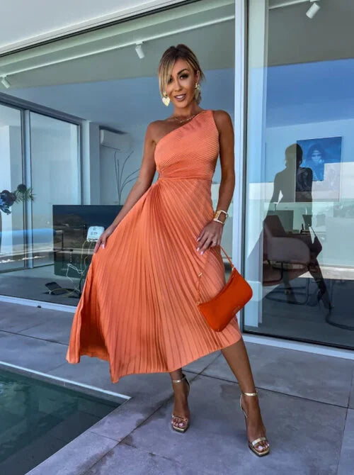 Amara Delacroix | Elegant One-Shoulder Pleated Midi Dress