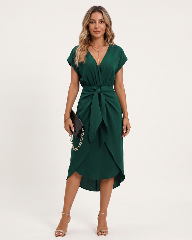 Woman wearing midi wrap dress with tie waist