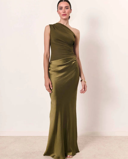 Woman wearing one-shoulder satin evening dress