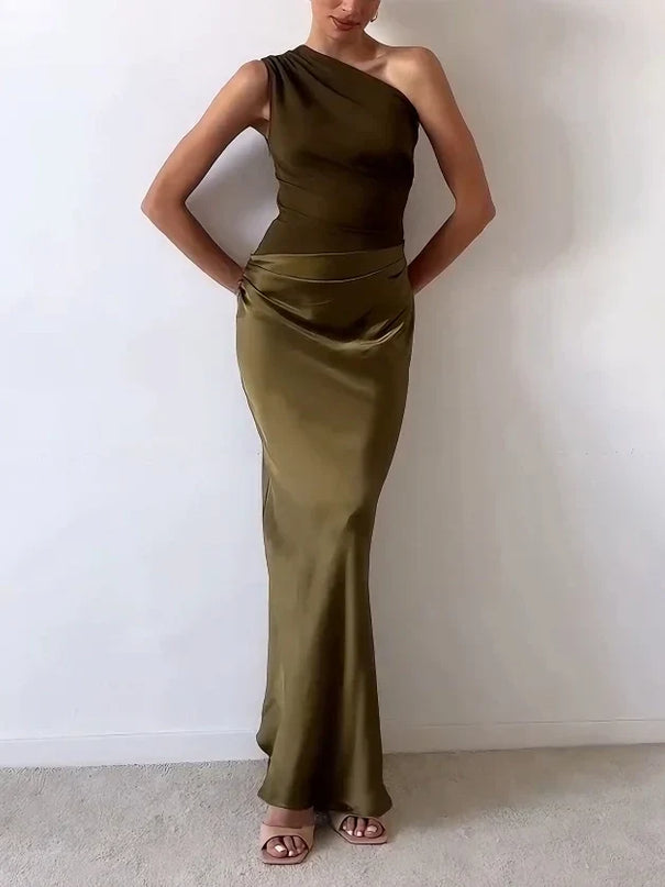 Woman wearing one-shoulder satin evening dress