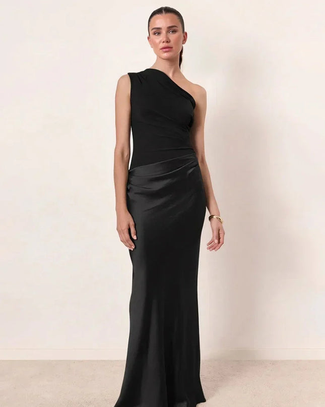 Woman wearing one-shoulder satin evening dress