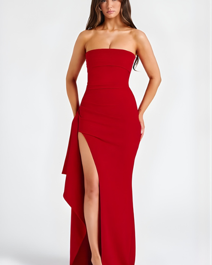 Woman wearing strapless evening maxi dress