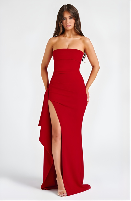 Woman wearing strapless evening maxi dress