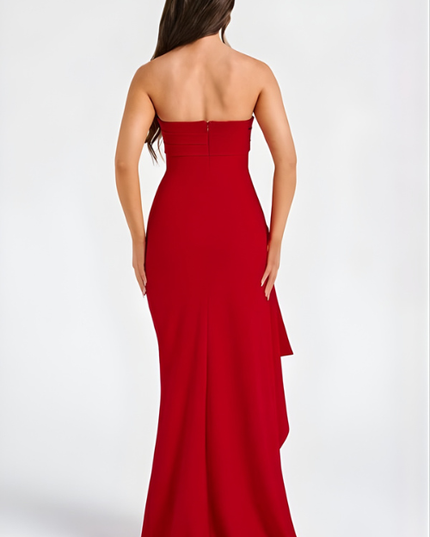 Woman wearing strapless evening maxi dress