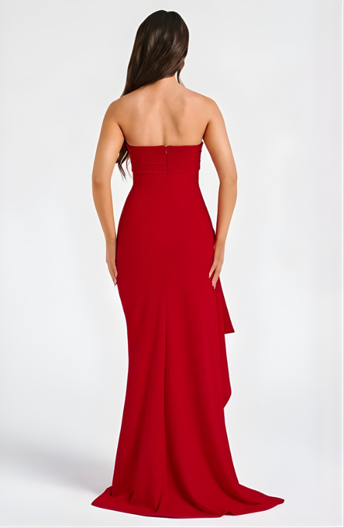 Woman wearing strapless evening maxi dress