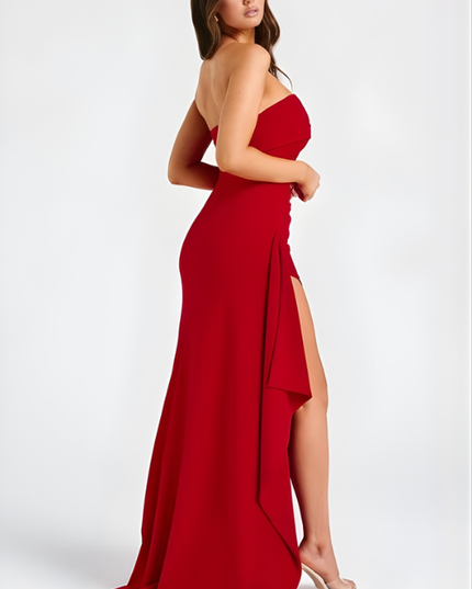 Woman wearing strapless evening maxi dress