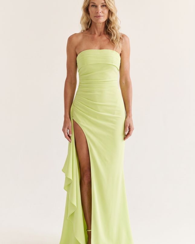Woman wearing strapless evening maxi dress