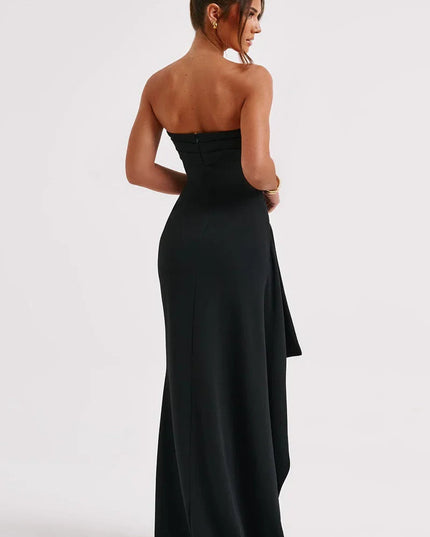Woman wearing strapless evening maxi dress