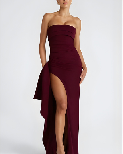 Woman wearing strapless evening maxi dress