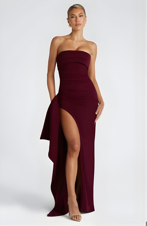 Woman wearing strapless evening maxi dress