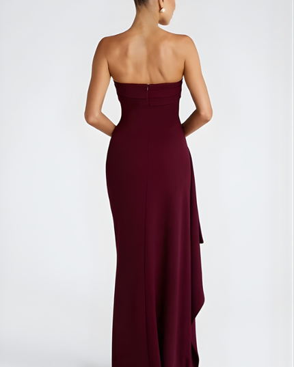 Woman wearing strapless evening maxi dress