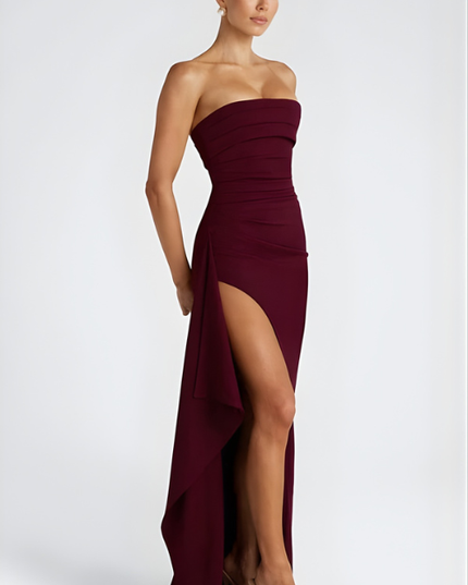 Woman wearing strapless evening maxi dress