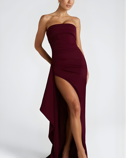Woman wearing strapless evening maxi dress