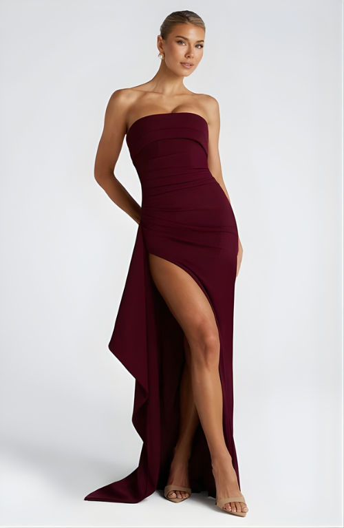 Woman wearing strapless evening maxi dress