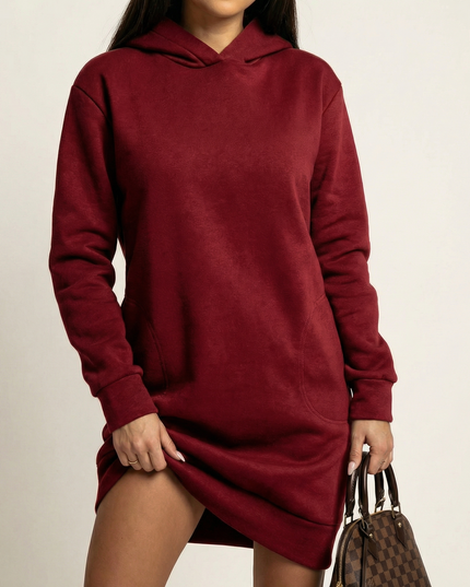 Woman wearing cozy hoodie dress