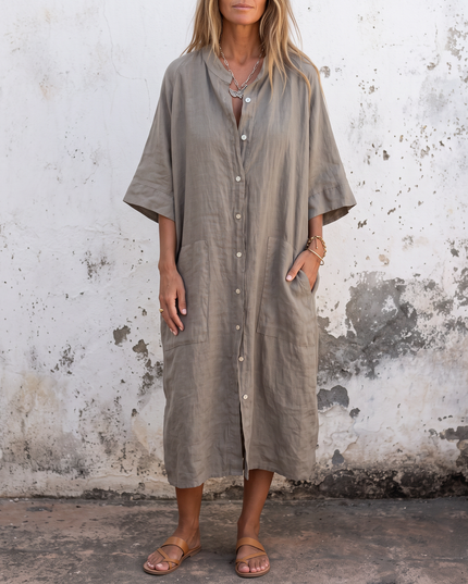 Woman wearing boho shirt maxi dress