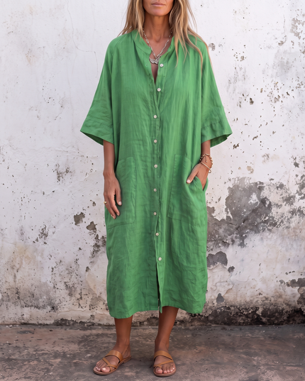 Woman wearing boho shirt maxi dress