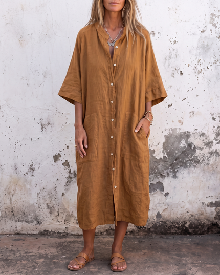 Woman wearing boho shirt maxi dress